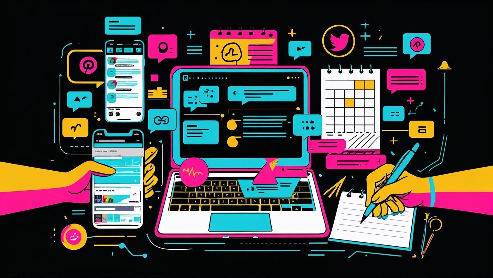 content creation & management. billedes bagrund skal være sort også skal detaler være med pop farver. den skal vise forskellige ting indefor social medier